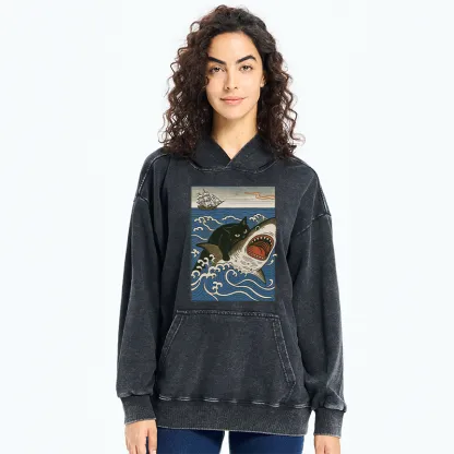 Tokyo-Tiger Cat Hunting Shark Washed Hoodie