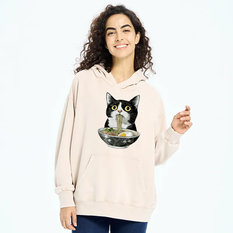 Tokyo-Tiger Cute Cat Eating Japan Ramen Washed Hoodie