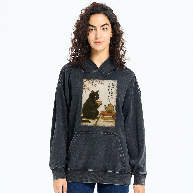 Tokyo-Tiger Tea Time With A Black Cat Washed Hoodie