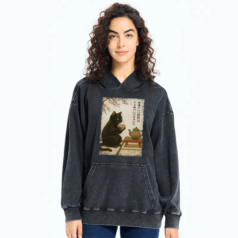 Tokyo-Tiger Tea Time With A Black Cat Washed Hoodie
