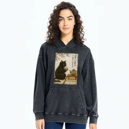 Tokyo-Tiger Tea Time With A Black Cat Washed Hoodie