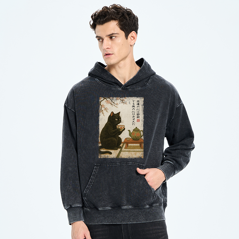 Tokyo-Tiger Tea Time With A Black Cat Washed Hoodie