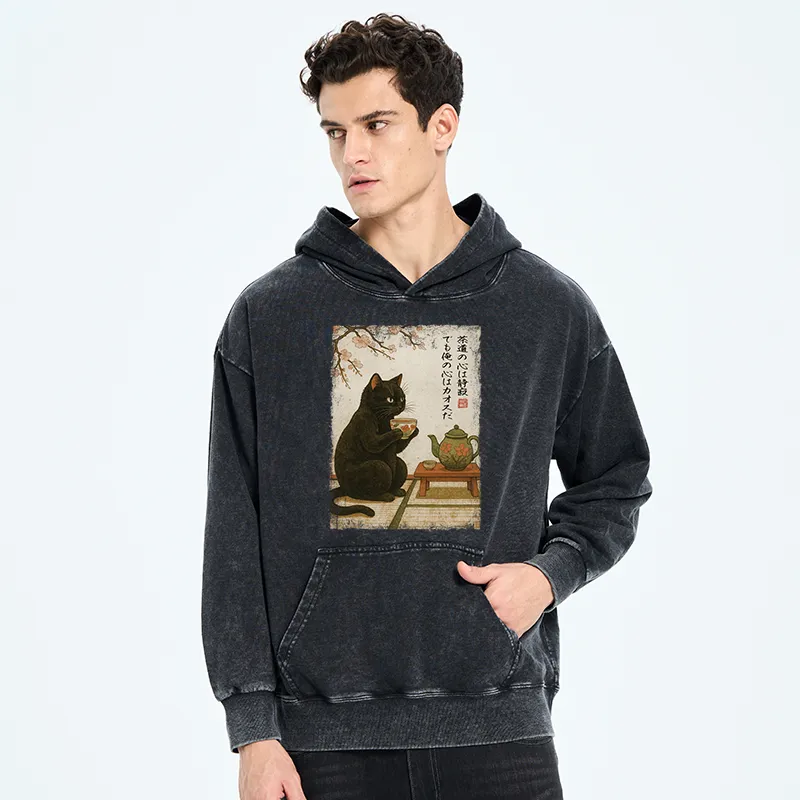 Tokyo-Tiger Tea Time With A Black Cat Washed Hoodie