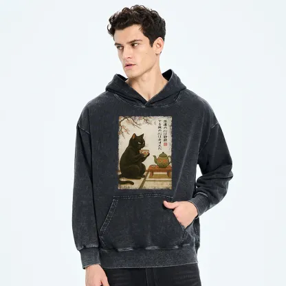 Tokyo-Tiger Tea Time With A Black Cat Washed Hoodie
