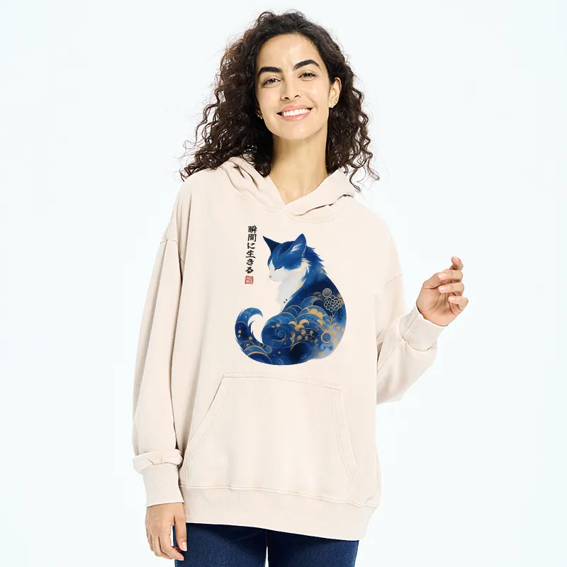 Tokyo-Tiger Retro Zen Cat: Living the Present Washed Hoodie