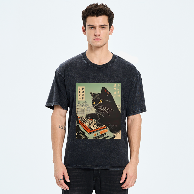Tokyo-Tiger Cat Typing Washed T-Shirt