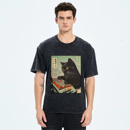 Tokyo-Tiger Cat Typing Washed T-Shirt