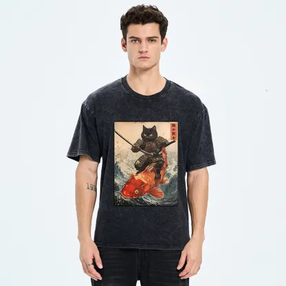 Tokyo-Tiger Cat Samurai Rides Koi Carp Washed T-Shirt