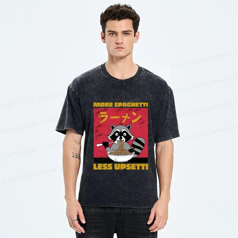 Tokyo-Tiger Raccoon Eats Spaghetti Washed T-Shirt