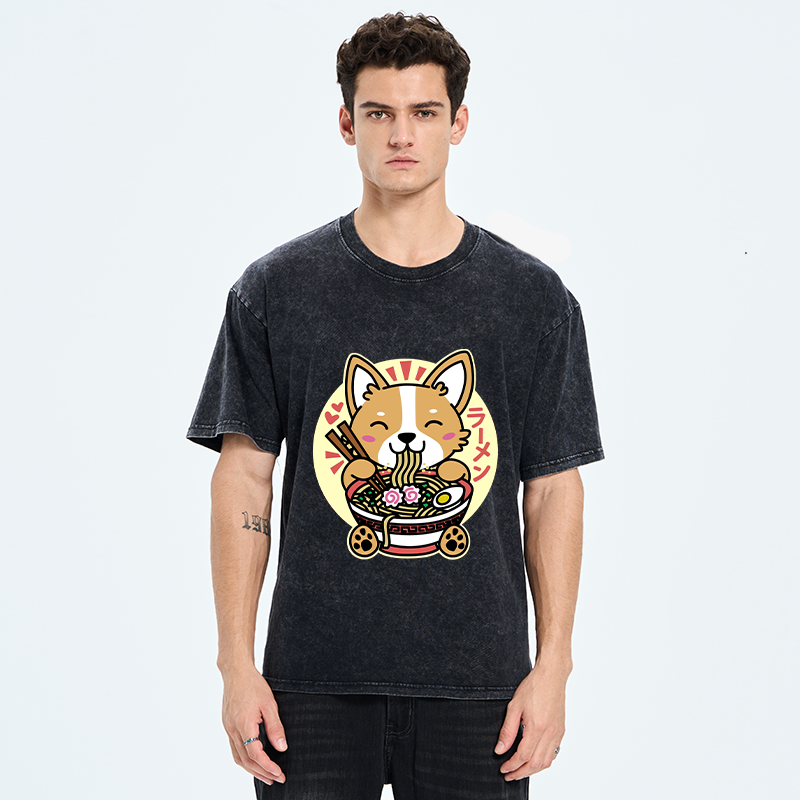 Tokyo-Tiger Corgi Eats Ramen Washed T-Shirt