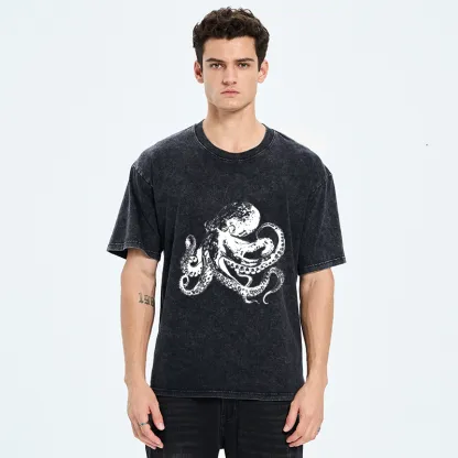 Tokyo-Tiger Woodcut Octopus Washed T-Shirt