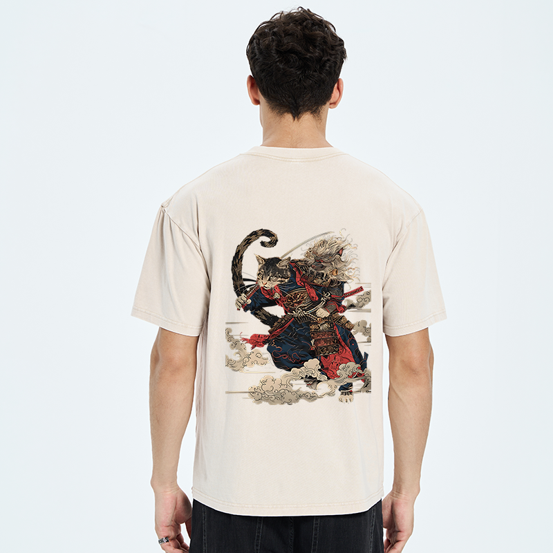 Tokyo-Tiger Gorgeous Samurai Cat Washed T-Shirt