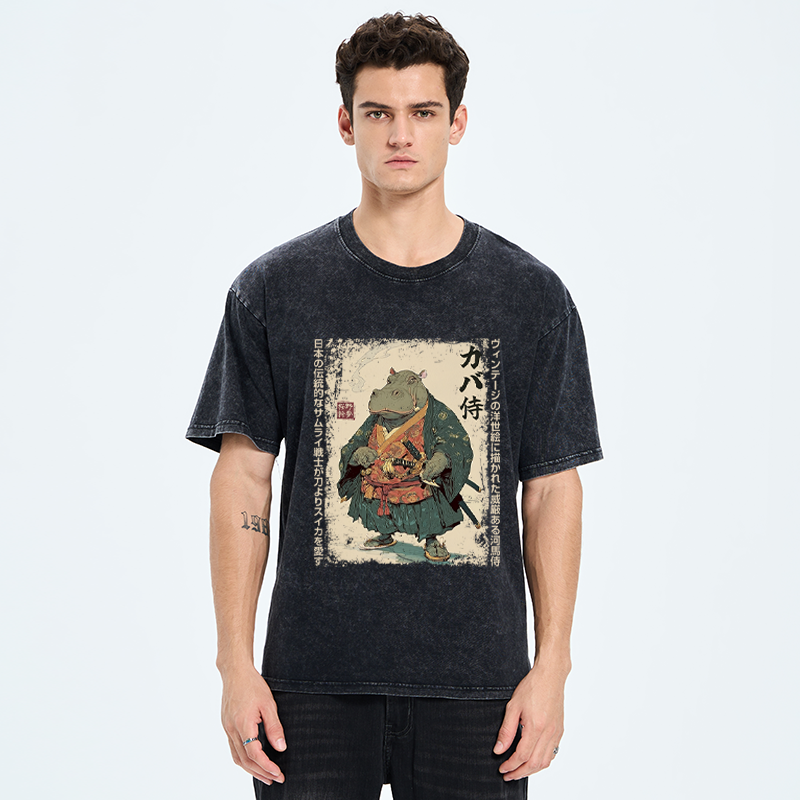 Tokyo-Tiger Samurai Hippo: Slicer of Melons Washed T-Shirt