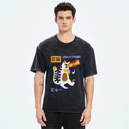 Tokyo-Tiger Fire-breathing Giant Cat Washed T-Shirt
