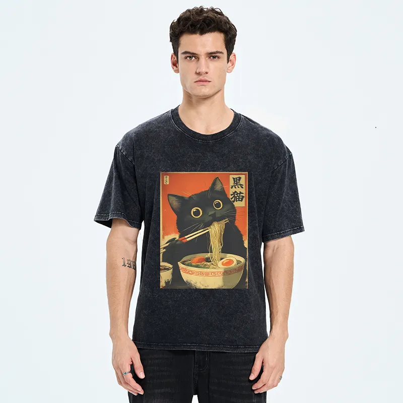 Tokyo-Tiger Black Cat Eats Japanese Ramen Retro Washed T-Shirt