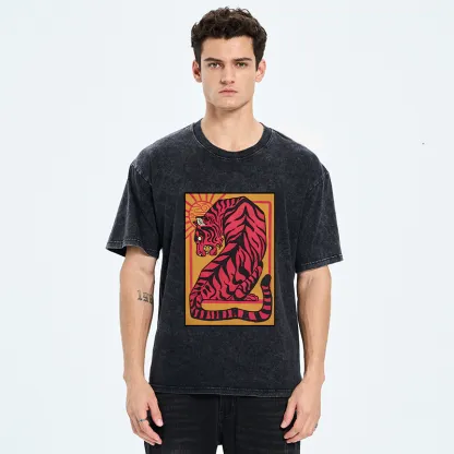 Tokyo-Tiger Powerful Tiger Woodcut Print Washed T-Shirt