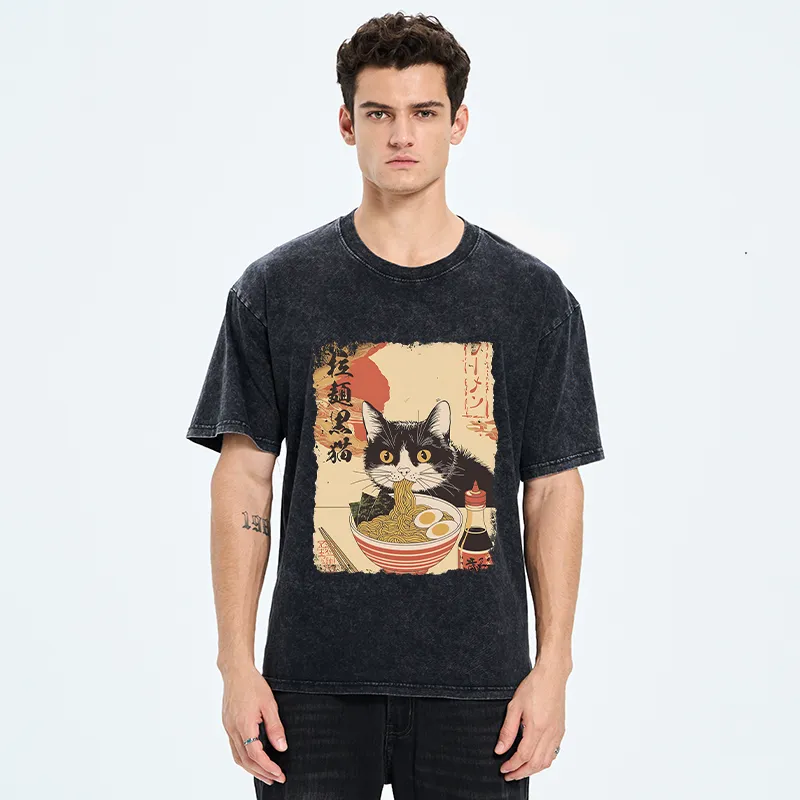 Tokyo-Tiger Black Cat Eats Ramen Japan Retro Washed T-Shirt