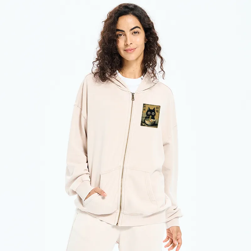 Tokyo-Tiger Cute Black Cat Eating Ramen Japan Washed Zip Hoodie