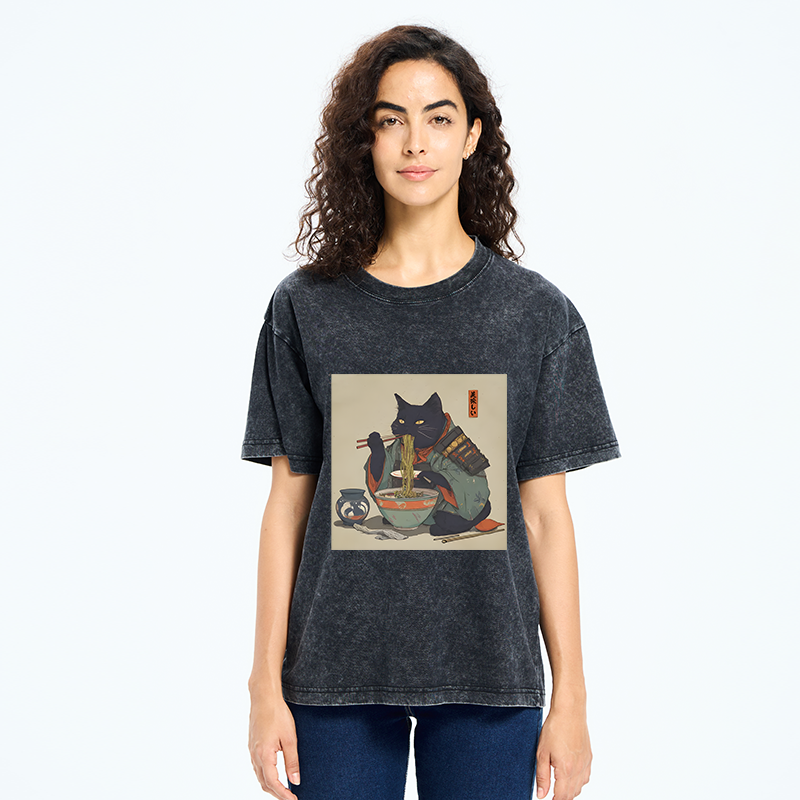 Tokyo-Tiger Cat Warrior Eating Ramen Washed T-Shirt