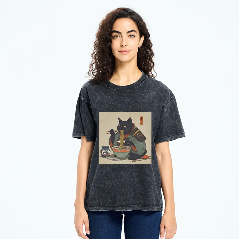 Tokyo-Tiger Cat Warrior Eating Ramen Washed T-Shirt