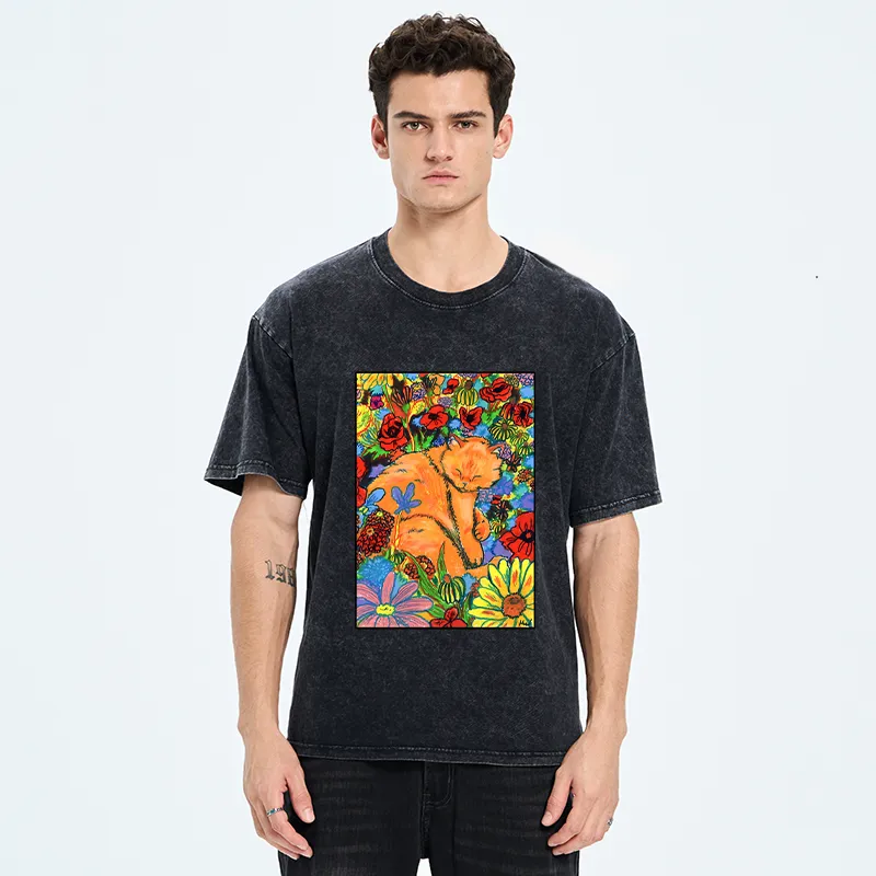 Tokyo-Tiger Colorful Orange Cats And Flowers Washed T-Shirt