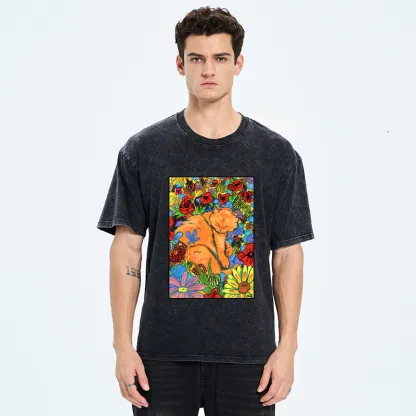 Tokyo-Tiger Colorful Orange Cats And Flowers Washed T-Shirt