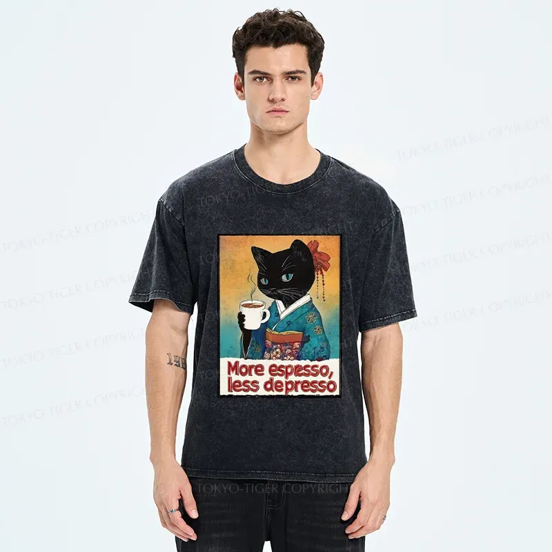 Tokyo-Tiger Japanese Cat Drinking Espresso Washed T-Shirt