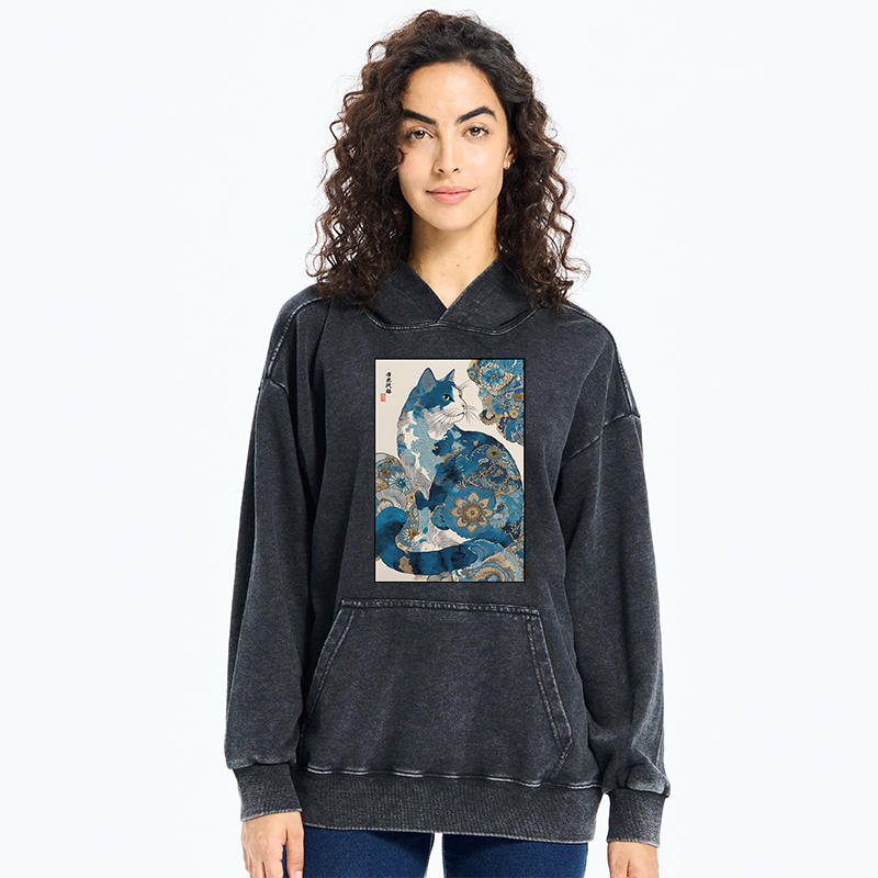 Tokyo-Tiger Japanese Ukiyo-e Flowers Cat Washed Hoodie
