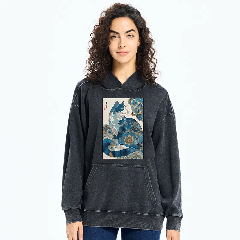 Tokyo-Tiger Japanese Ukiyo-e Flowers Cat Washed Hoodie