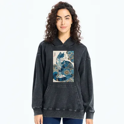 Tokyo-Tiger Japanese Ukiyo-e Flowers Cat Washed Hoodie