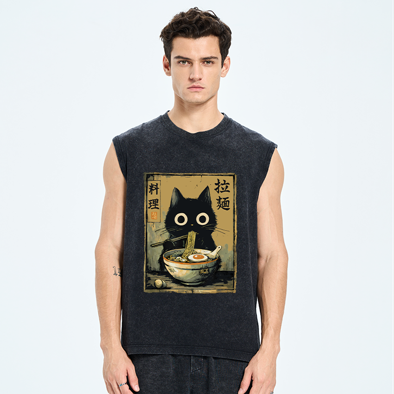 Tokyo-Tiger Cute Black Cat Eating Ramen Japan Washed Tank