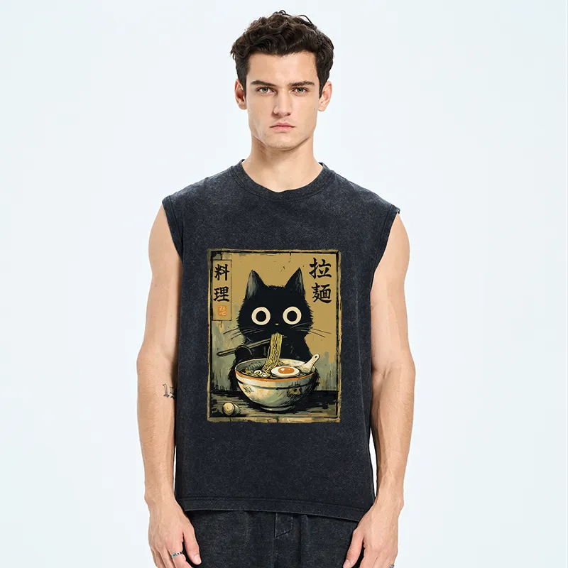 Tokyo-Tiger Cute Black Cat Eating Ramen Japan Washed Tank