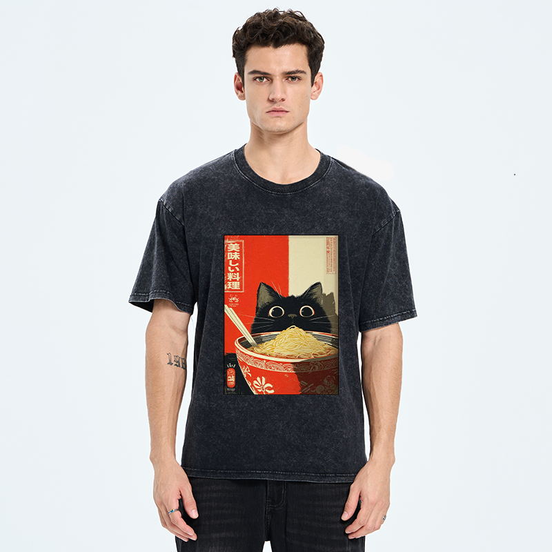 Tokyo-Tiger Cat Eats A Large Portion Of Ramen Washed T-Shirt