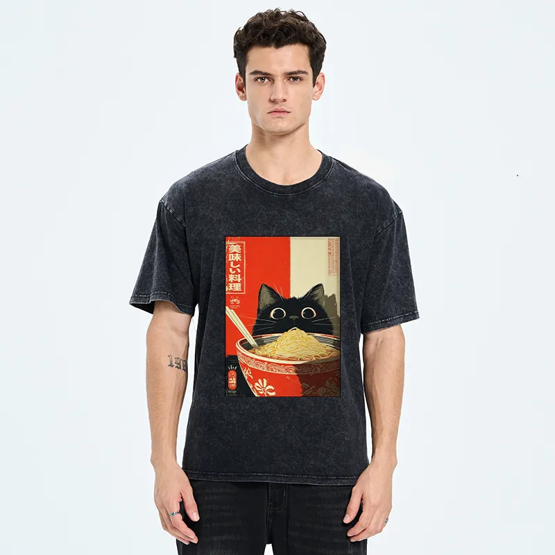 Tokyo-Tiger Cat Eats A Large Portion Of Ramen Washed T-Shirt