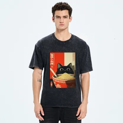 Tokyo-Tiger Cat Eats A Large Portion Of Ramen Washed T-Shirt
