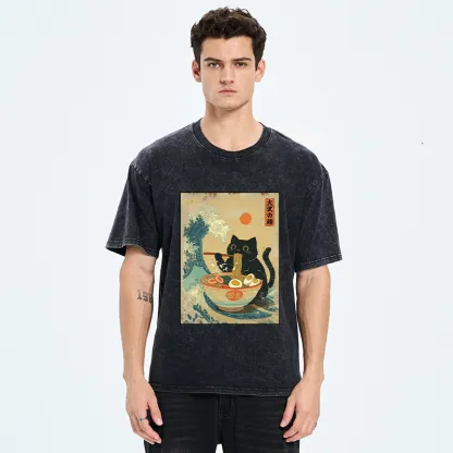 Tokyo-Tiger Cat Eats A Large Portion Of Ramen Washed T-Shirt
