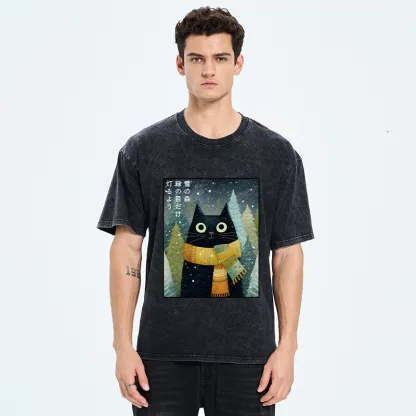 Tokyo-Tiger Black Cat With Green Eyes Washed T-Shirt