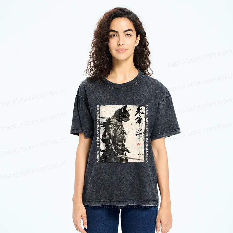 Tokyo-Tiger Cat Samurai Retro Washed T-Shirt