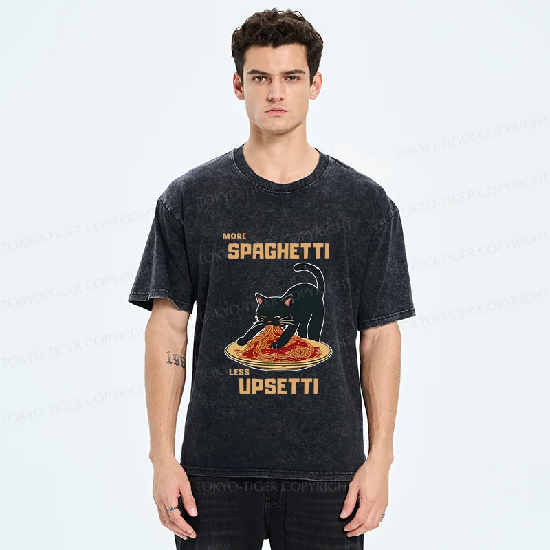 Tokyo-Tiger Cat Eating Spaghetti Washed T-Shirt