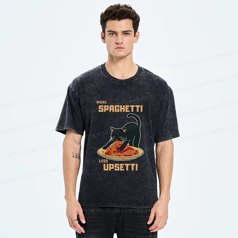 Tokyo-Tiger Cat Eating Spaghetti Washed T-Shirt