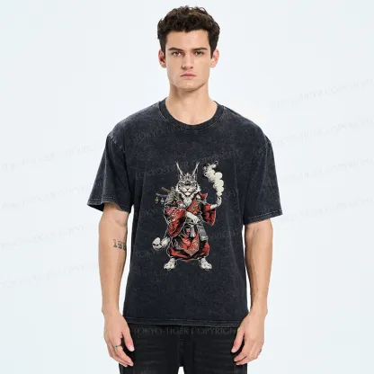 Tokyo-Tiger Fierce Cat Japanese Samurai Washed T-Shirt