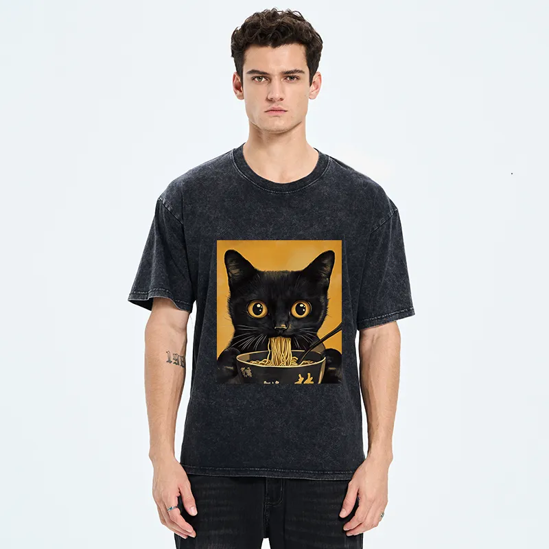 Tokyo-Tiger Cute Black Cat Eating A Big Bowl Of Ramen Washed T-Shirt