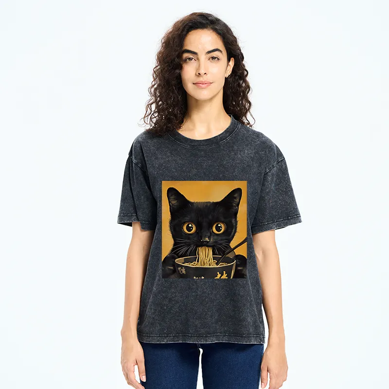 Tokyo-Tiger Cute Black Cat Eating A Big Bowl Of Ramen Washed T-Shirt