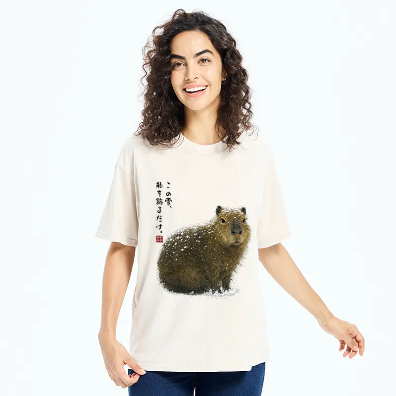 Tokyo-Tiger Snow Adorns Me: Capybara Serenity Washed T-Shirt