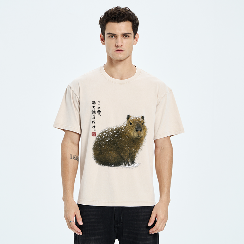 Tokyo-Tiger Snow Adorns Me: Capybara Serenity Washed T-Shirt