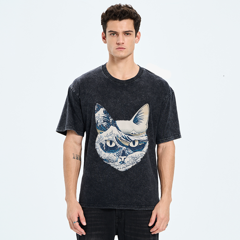 Tokyo-Tiger Ukiyo-e Waves And Cats Washed T-Shirt