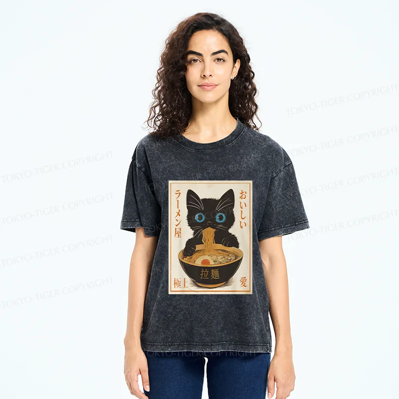 Tokyo-Tiger Vintage Cat Eating Ramen Washed T-Shirt
