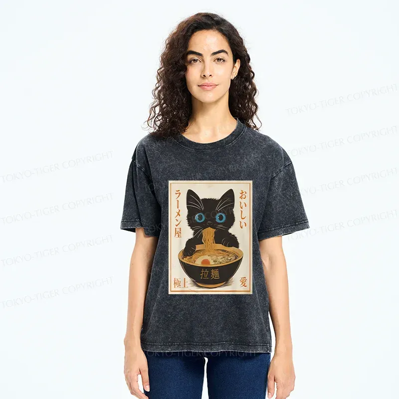 Tokyo-Tiger Vintage Cat Eating Ramen Washed T-Shirt