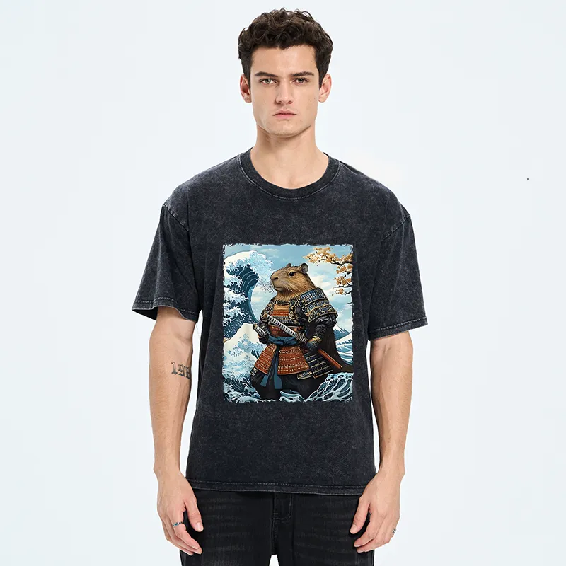 Tokyo-Tiger Capybara Japanese Samurai  And Waves Washed T-Shirt