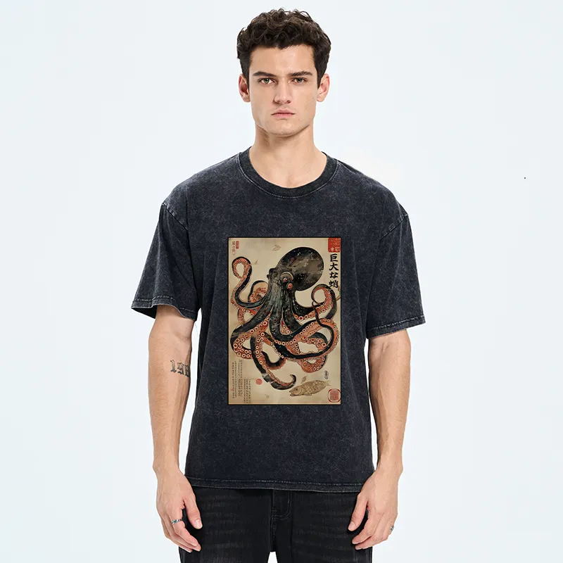 Tokyo-Tiger Retro Octopus Painting Washed T-Shirt